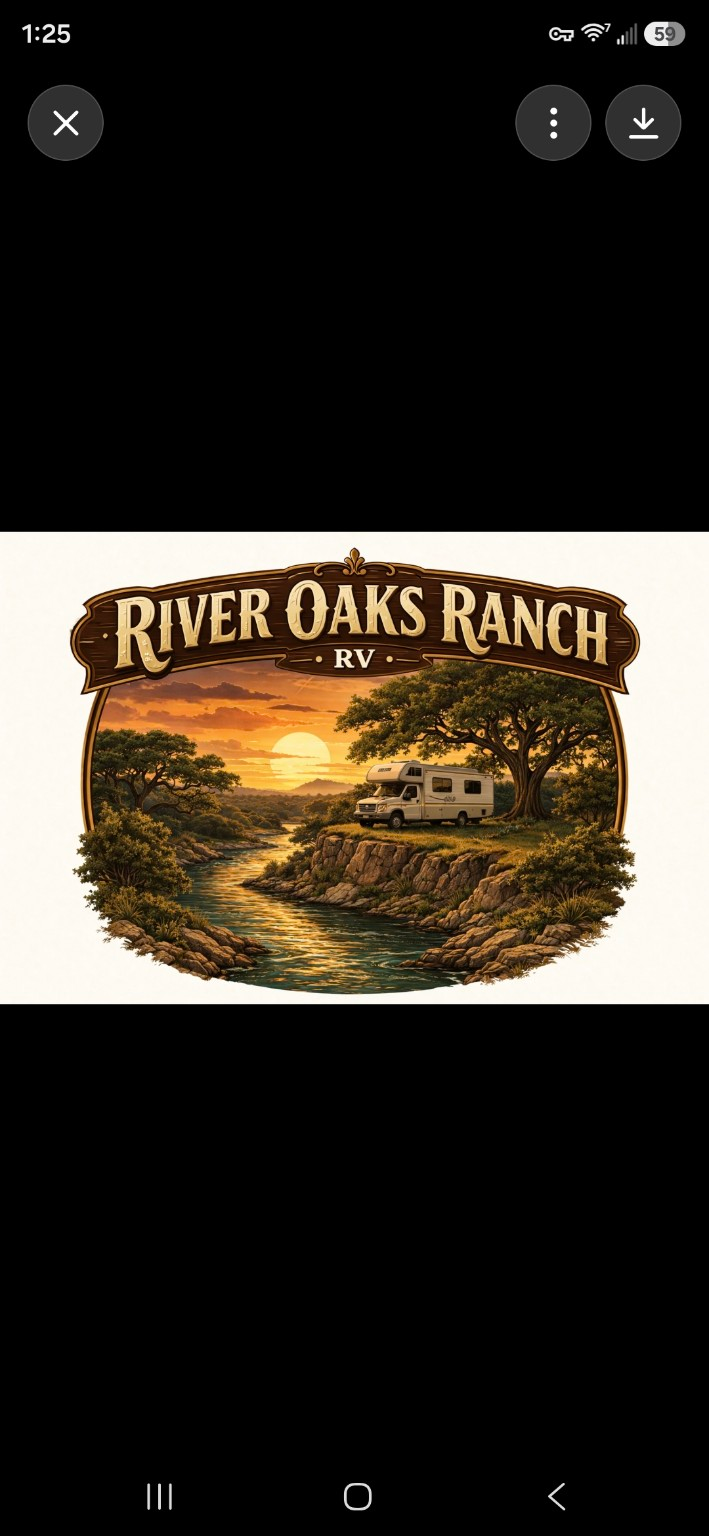 River Oaks Ranch RV — oak trees, an RV, and a river at sunset